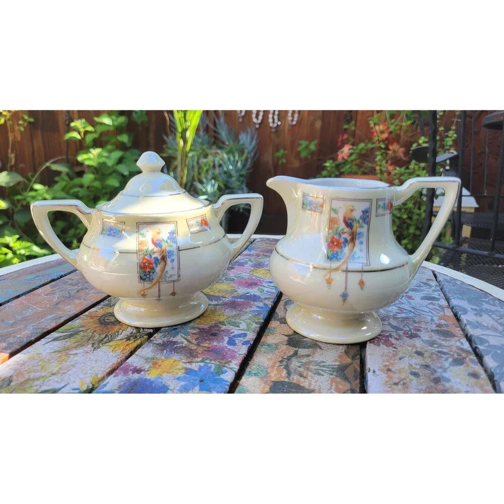 Art Deco Royal Rochester Bird of Paradise Creamer and Sugar Set, Platinum Trim